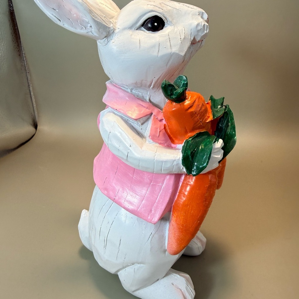 Charming White Bunny Figurine with Pink Vest and Orange Carrot New